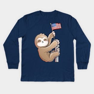 USA American Patriotic Cute Climbing Sloth Kids Long Sleeve T-Shirt